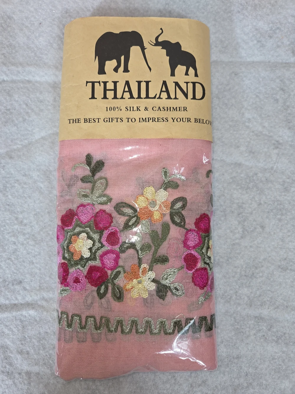 Thailand Embroidered Pink Floral Silk-Cashmere Scarf